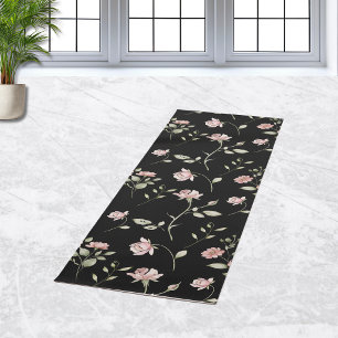 Blush Pink Watercolor Floral Black Yoga Mat