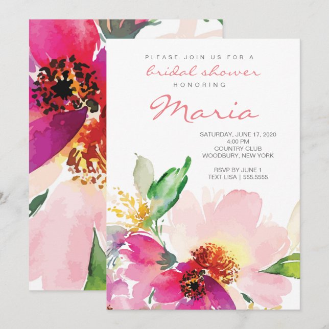 Blush Pink Watercolor Floral Bridal Shower Invitation (Front/Back)