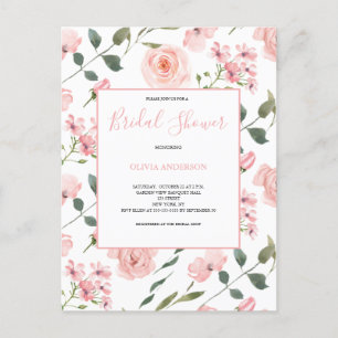 Blush Pink Watercolor Floral Bridal Shower  Invitation Postcard