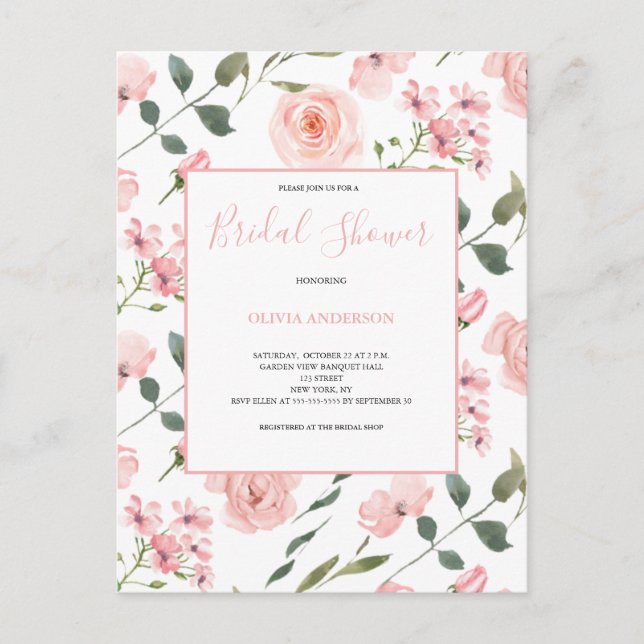 Blush Pink Watercolor Floral Bridal Shower  Invitation Postcard (Front)