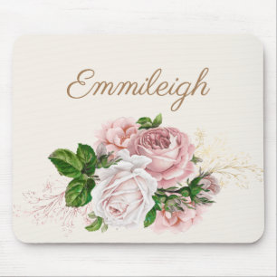 Blush Pink Watercolor Floral Cream Script Mouse Mat