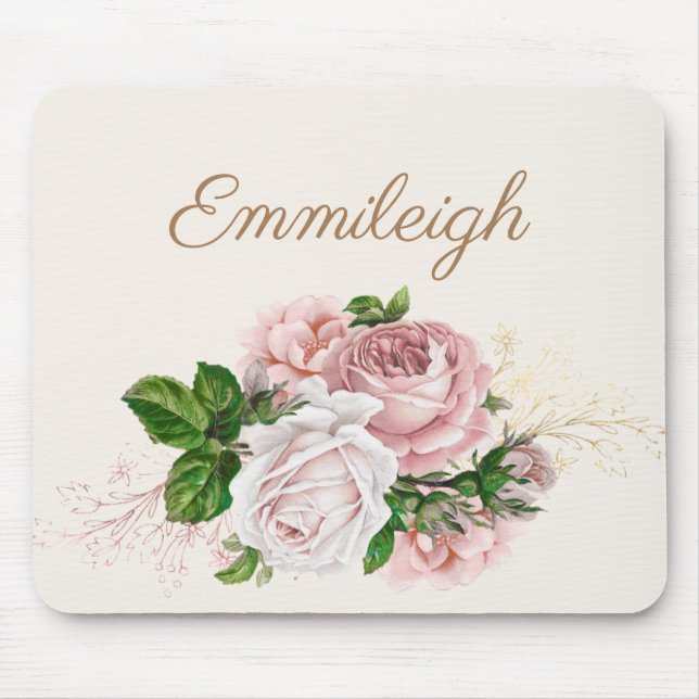 Blush Pink Watercolor Floral Cream Script Mouse Mat (Front)