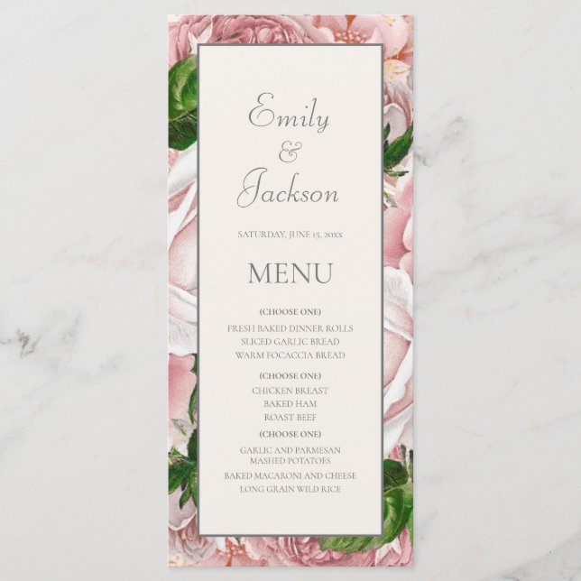 Blush Pink Watercolor Floral Cream Wedding Menu (Front)