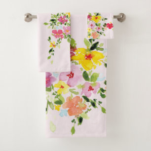 Blush pink watercolor floral flower bath towel set