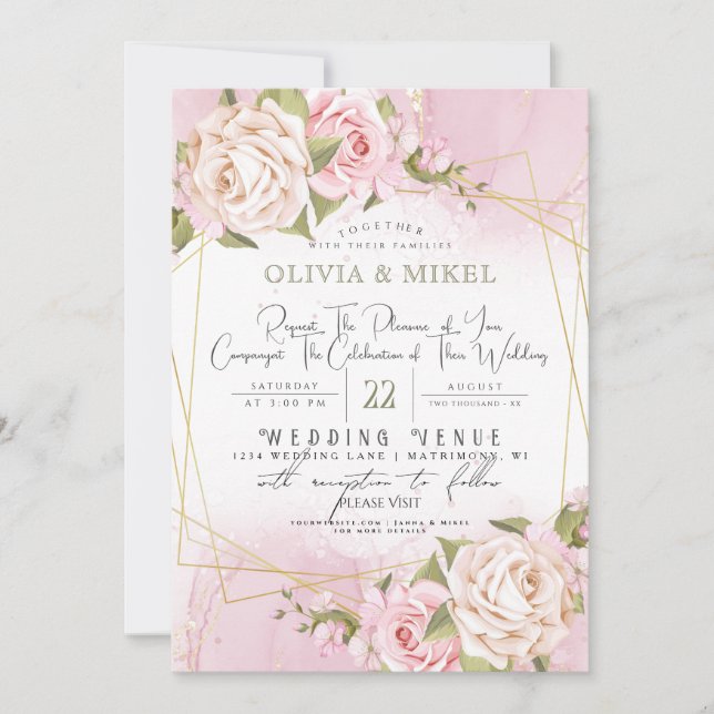 BLUSH PINK WATERCOLOR FLORAL & FRAME GOLD WEDDING INVITATION (Front)