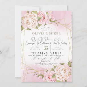 BLUSH PINK WATERCOLOR FLORAL & FRAME GOLD WEDDING INVITATION