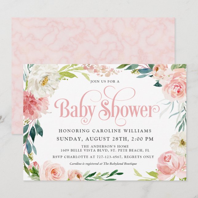 Blush Pink Watercolor Floral Girl Baby Shower Invitation (Front/Back)