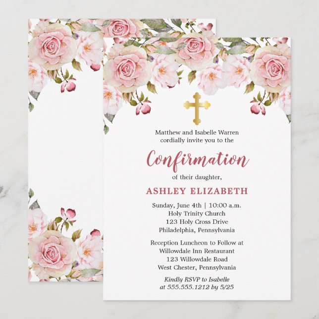 Blush Pink Watercolor Floral Girl Confirmation  Invitation (Front/Back)