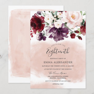 Blush Pink Watercolor Floral Girls 18th Birthday Invitation