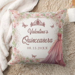 Blush Pink Watercolor Floral Glitter Quinceanera Cushion