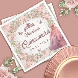 Blush Pink Watercolor Floral Glitter Quinceanera Napkin