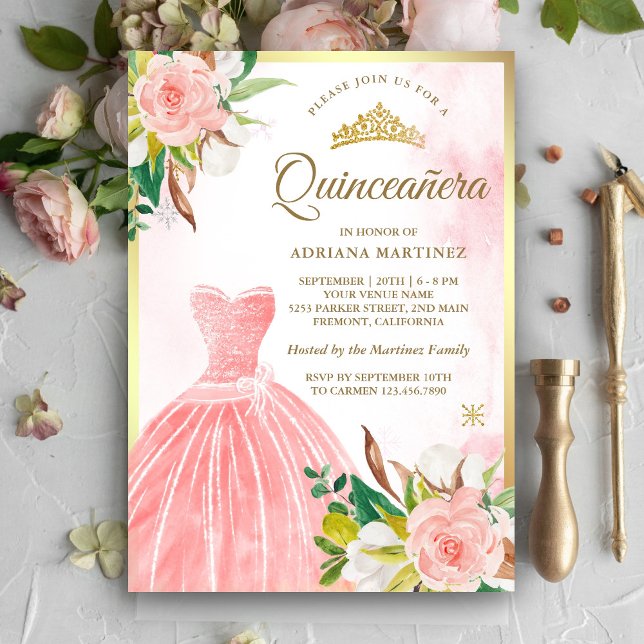 Blush Pink Watercolor Floral Gown Gold Quinceanera Invitation (Creator Uploaded)