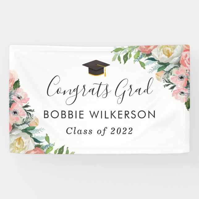 Blush Pink Watercolor Floral Graduation Party Banner (Horizontal)