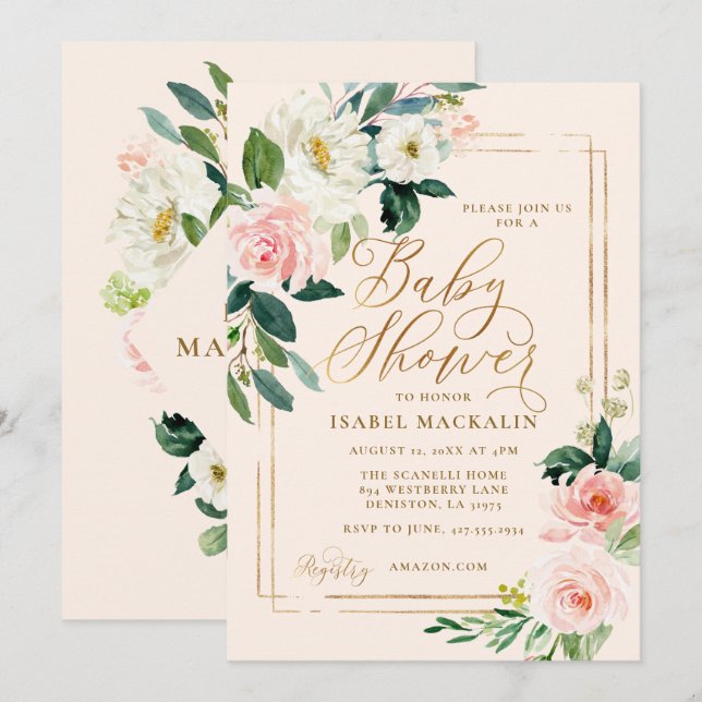 Blush Pink Watercolor Floral Greenery Baby Shower Invitation (Front/Back)