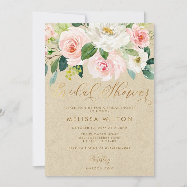 Blush Pink Watercolor Floral Kraft Bridal Shower Invitation (Front)