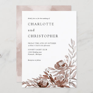 Blush pink watercolor floral lineart wedding invitation