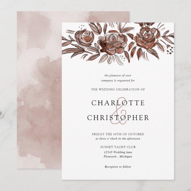 Blush pink watercolor floral lineart wedding invitation (Front/Back)