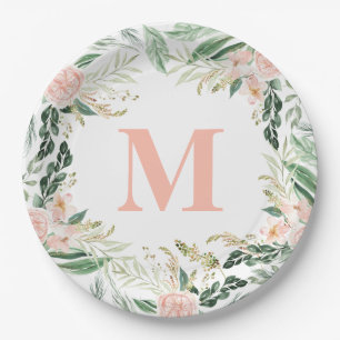 Blush pink watercolor floral monogram initial paper plate