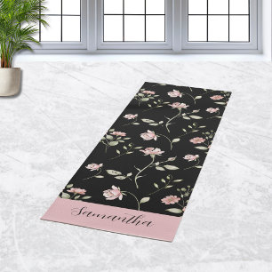 Blush Pink Watercolor Floral Name Black Yoga Mat