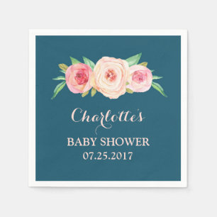 Blush Pink Watercolor Floral Navy Blue Baby Shower Napkin