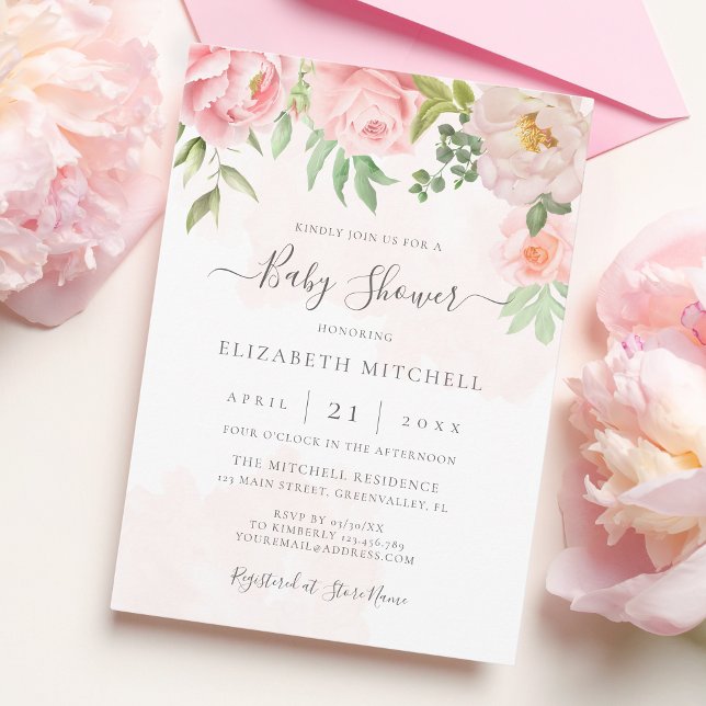 Blush Pink Watercolor Floral Peony Baby Shower Invitation (Creator Uploaded)