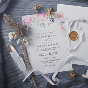 Blush Pink Watercolor Floral Peony QR Code Wedding Invitation