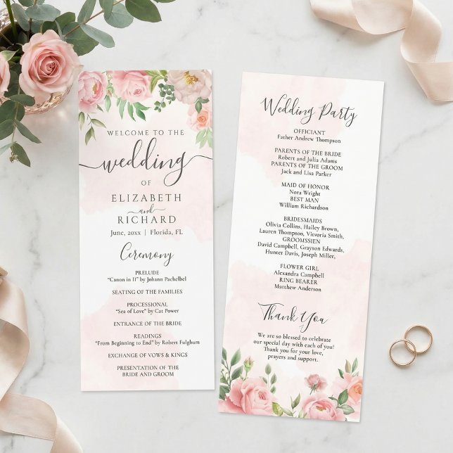 Blush Pink Watercolor Floral Peony Wedding Programme (Creator Uploaded)