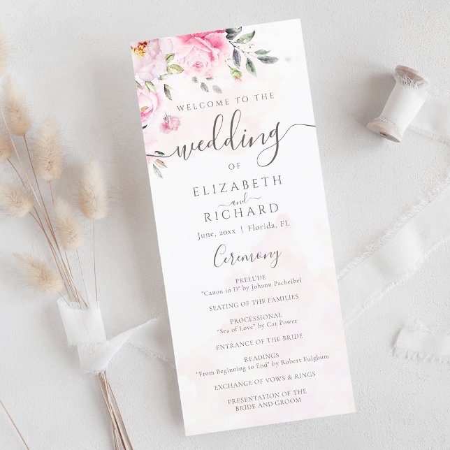 Blush Pink Watercolor Floral Peony Wedding Programme (Creator Uploaded)