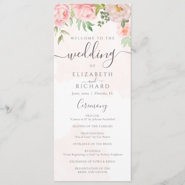 Blush Pink Watercolor Floral Peony Wedding Programme (Front)