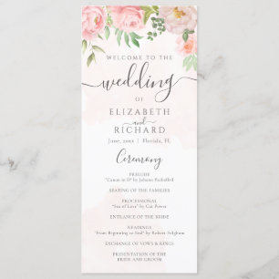 Blush Pink Watercolor Floral Peony Wedding Programme