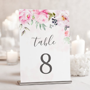 Blush Pink Watercolor Floral Peony Wedding Table Number
