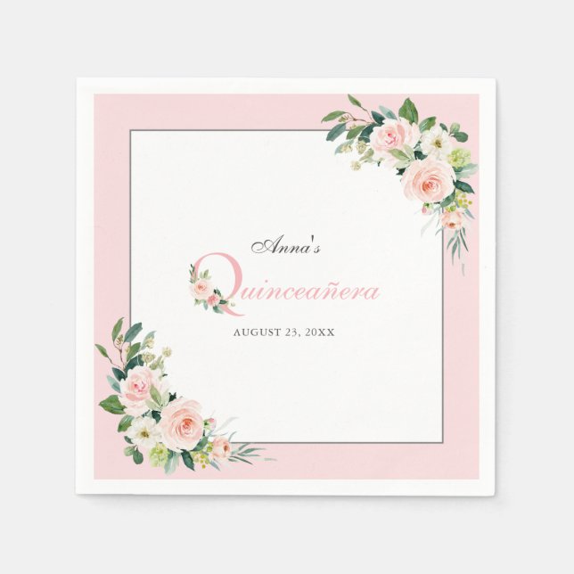 Blush Pink Watercolor Floral Quinceanera Birthday Napkin (Front)