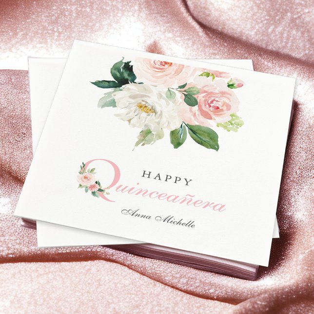 Blush Pink Watercolor Floral Quinceañera Birthday Napkin (Napkin available in 3 sizes: cocktail, luncheon, and dinner sizes.)