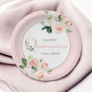 Blush Pink Watercolor Floral Quinceañera Birthday Paper Plate