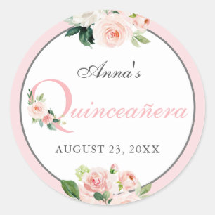 Blush Pink Watercolor Floral Quinceanera Classic Round Sticker