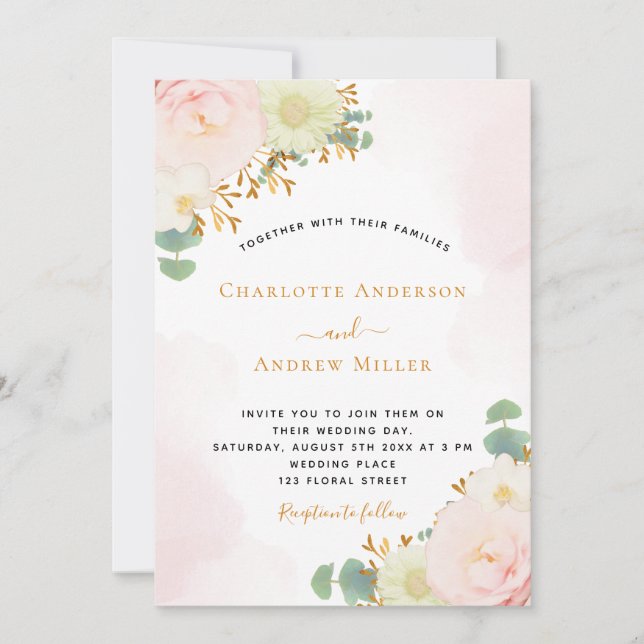 Blush pink watercolor floral rose gold wedding (Front)