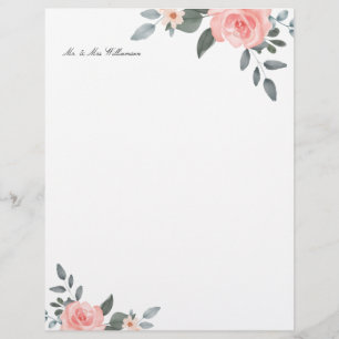 Blush Pink Watercolor Floral Rose & Sage Greenery Custom Letterhead