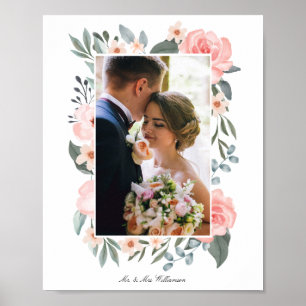 Blush Pink Watercolor Floral Rose & Sage Greenery Poster