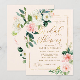 Blush Pink Watercolor Floral Rustic Bridal Shower Invitation