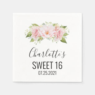 Blush Pink Watercolor Floral Sweet 16 Birthday Napkin