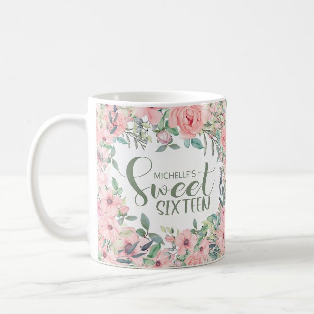 Blush Pink Watercolor Floral Sweet 16 Coffee Mug (Left)