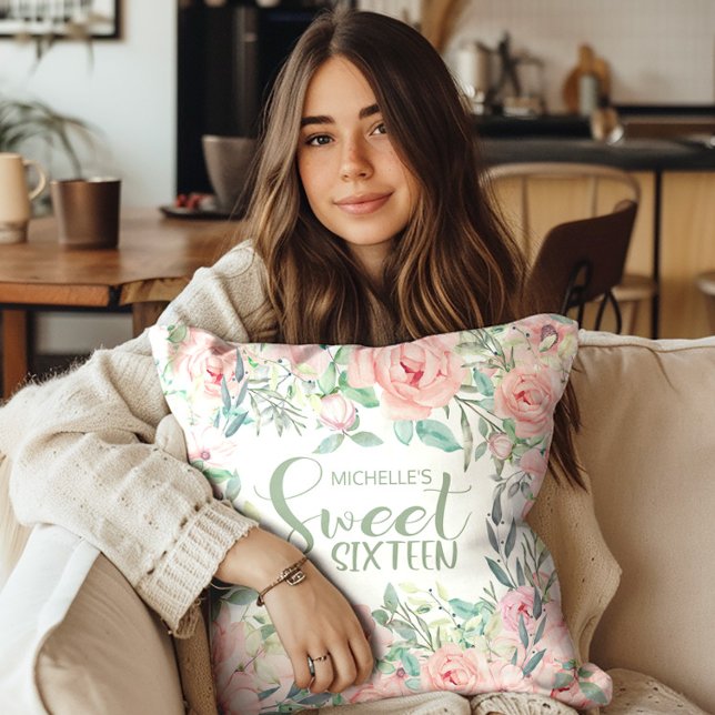 Blush Pink Watercolor Floral Sweet 16 Cushion (Blush pink watercolor floral Sweet 16 pillow)