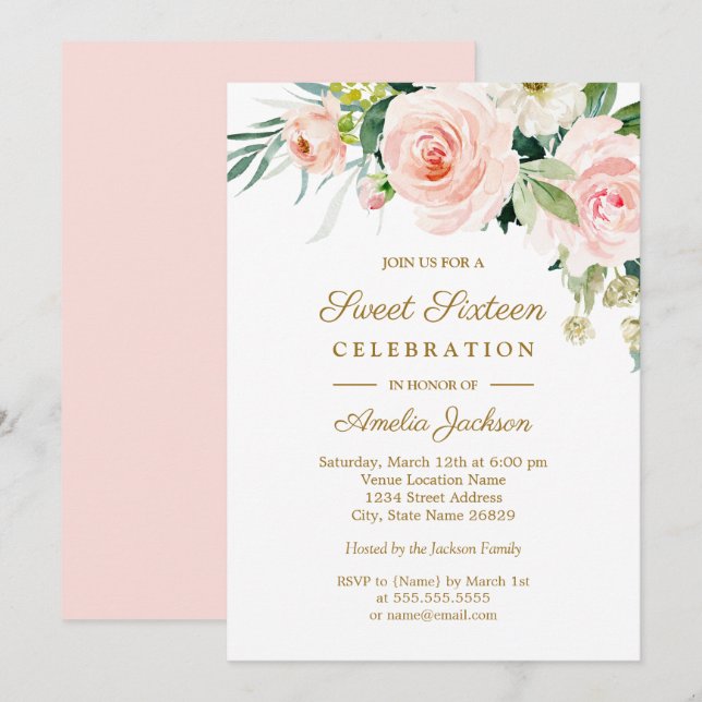 Blush Pink Watercolor Floral Sweet 16 Invitation (Front/Back)