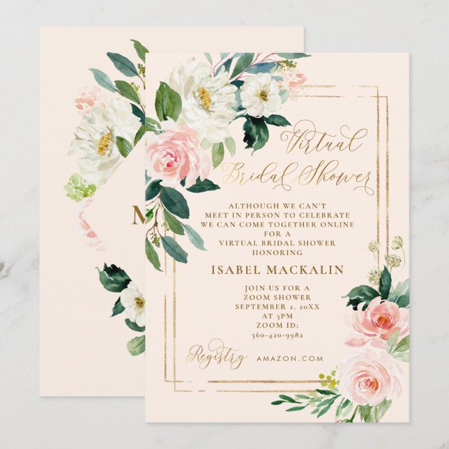 Blush Pink Watercolor Floral Virtual Bridal Shower Invitation (Front/Back)