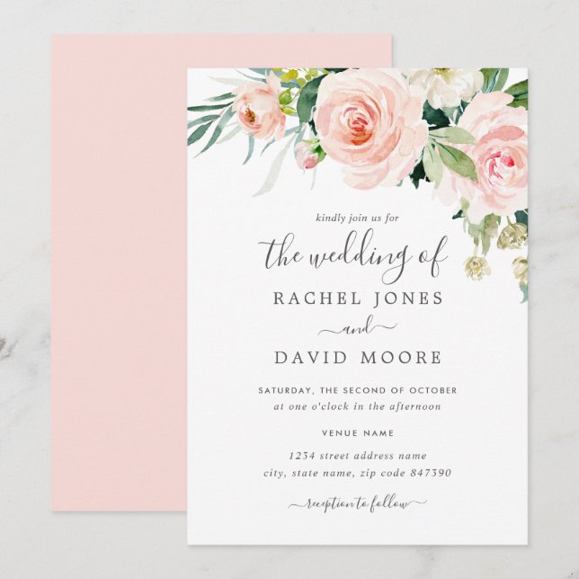 Blush Pink Watercolor Floral Wedding Invitation (Front/Back)