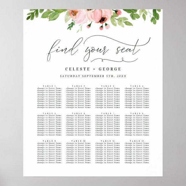 Blush pink watercolor floral wedding seating plan poster (Front)