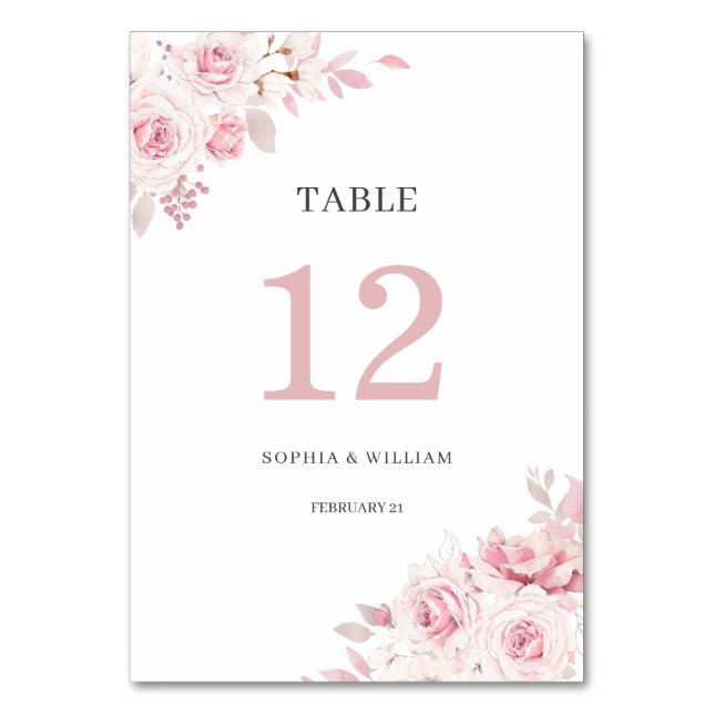 Blush Pink Watercolor Floral Wedding Table Number (Front)