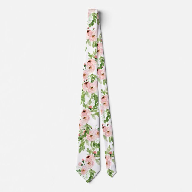Blush pink watercolor floral wedding tie (Front)
