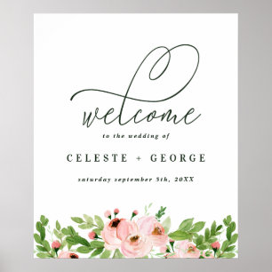 Blush pink watercolor floral wedding welcome poster