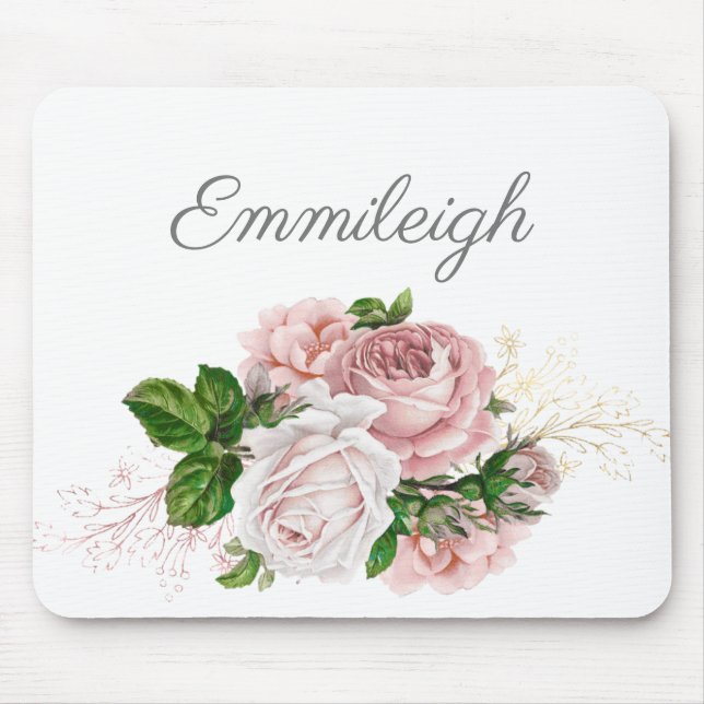 Blush Pink Watercolor Floral White Script Mouse Mat (Front)